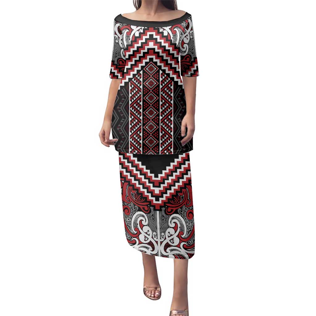 Maori Tukutuku Taniko Motifs Family Matching Puletasi and Hawaiian Shirt Red Poutama Mix Kowhaiwhai