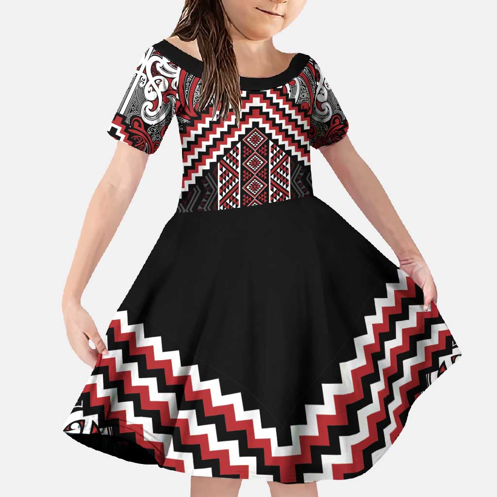 Maori Tukutuku Taniko Motifs Family Matching Short Sleeve Bodycon Dress and Hawaiian Shirt Red Poutama Mix Kowhaiwhai LT7 Daughter's Dress Red - Polynesian Pride