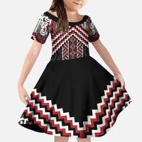 Maori Tukutuku Taniko Motifs Family Matching Short Sleeve Bodycon Dress and Hawaiian Shirt Red Poutama Mix Kowhaiwhai LT7 Daughter's Dress Red - Polynesian Pride