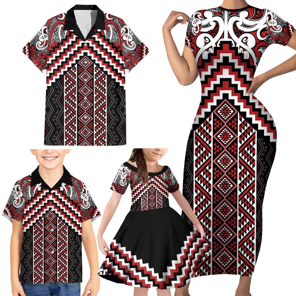 Maori Tukutuku Taniko Motifs Family Matching Short Sleeve Bodycon Dress and Hawaiian Shirt Red Poutama Mix Kowhaiwhai