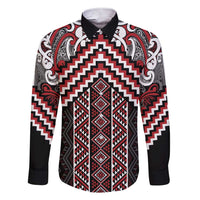 Maori Tukutuku Taniko Motifs Family Matching Short Sleeve Bodycon Dress and Hawaiian Shirt Red Poutama Mix Kowhaiwhai LT7 Dad's Shirt - Long Sleeve Red - Polynesian Pride