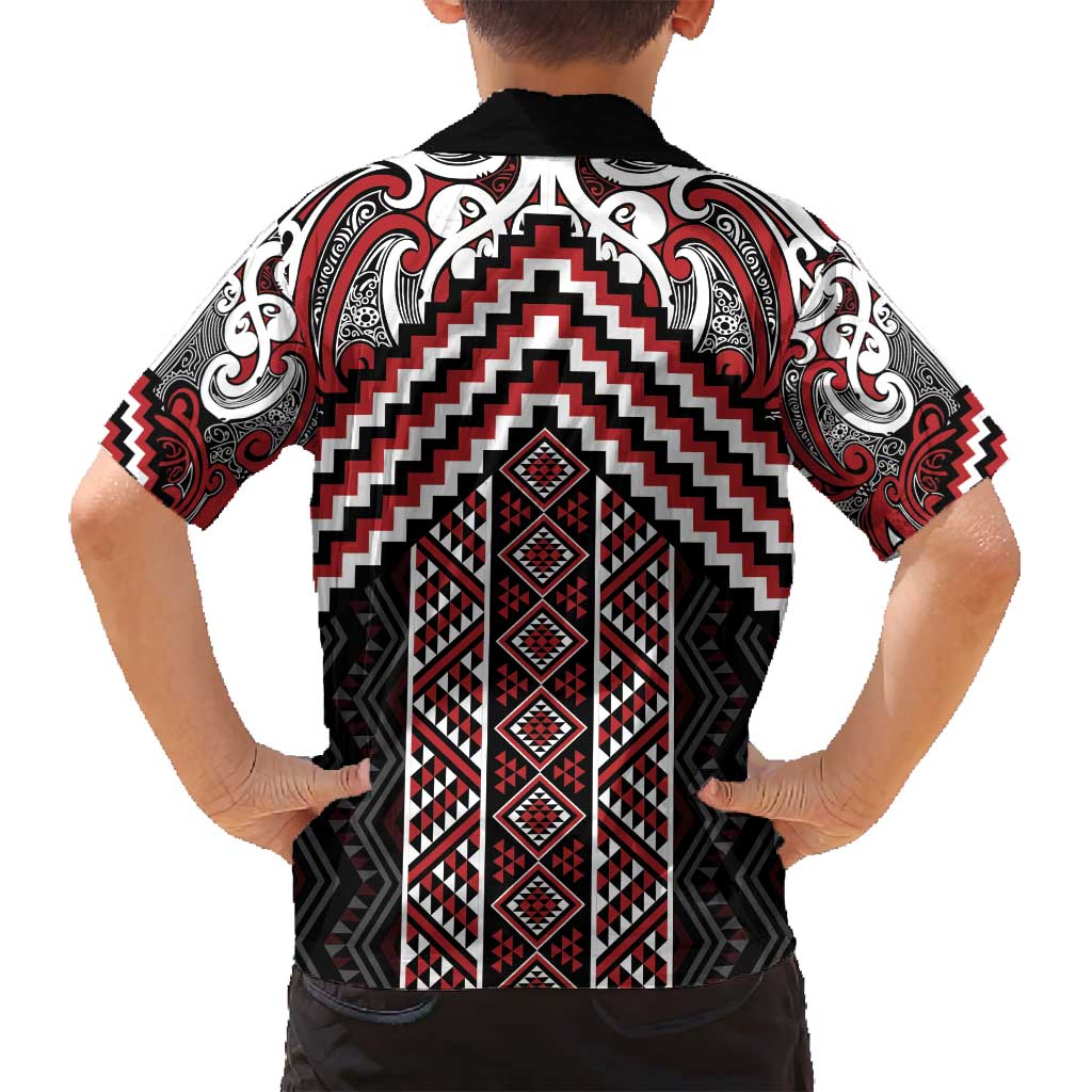 Maori Tukutuku Taniko Motifs Family Matching Tank Maxi Dress and Hawaiian Shirt Red Poutama Mix Kowhaiwhai