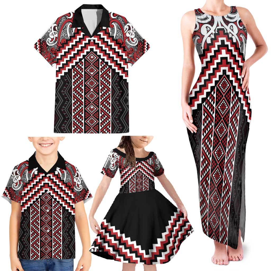 Maori Tukutuku Taniko Motifs Family Matching Tank Maxi Dress and Hawaiian Shirt Red Poutama Mix Kowhaiwhai