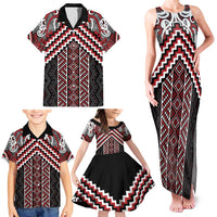 Maori Tukutuku Taniko Motifs Family Matching Tank Maxi Dress and Hawaiian Shirt Red Poutama Mix Kowhaiwhai