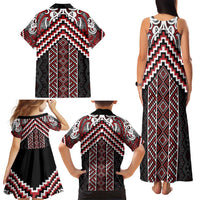 Maori Tukutuku Taniko Motifs Family Matching Tank Maxi Dress and Hawaiian Shirt Red Poutama Mix Kowhaiwhai