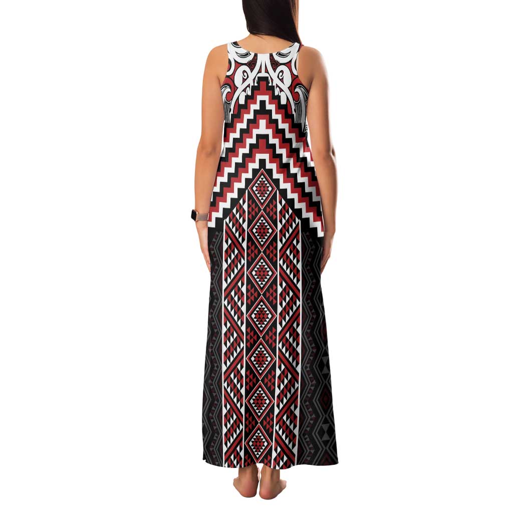 Maori Tukutuku Taniko Motifs Family Matching Tank Maxi Dress and Hawaiian Shirt Red Poutama Mix Kowhaiwhai