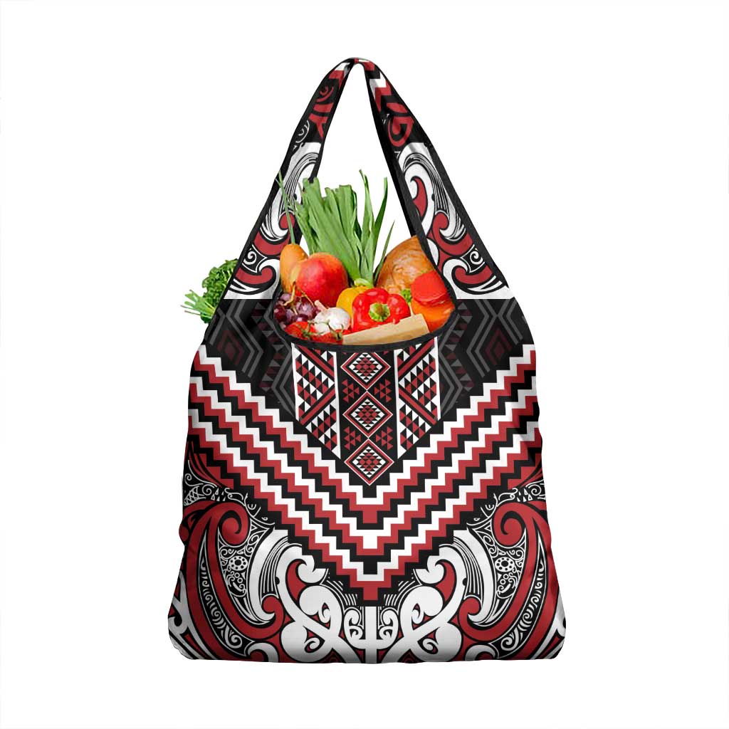 Maori Tukutuku Taniko Motifs Grocery Bag Red Poutama Mix Kowhaiwhai LT7 1-pack One Size Red - Polynesian Pride