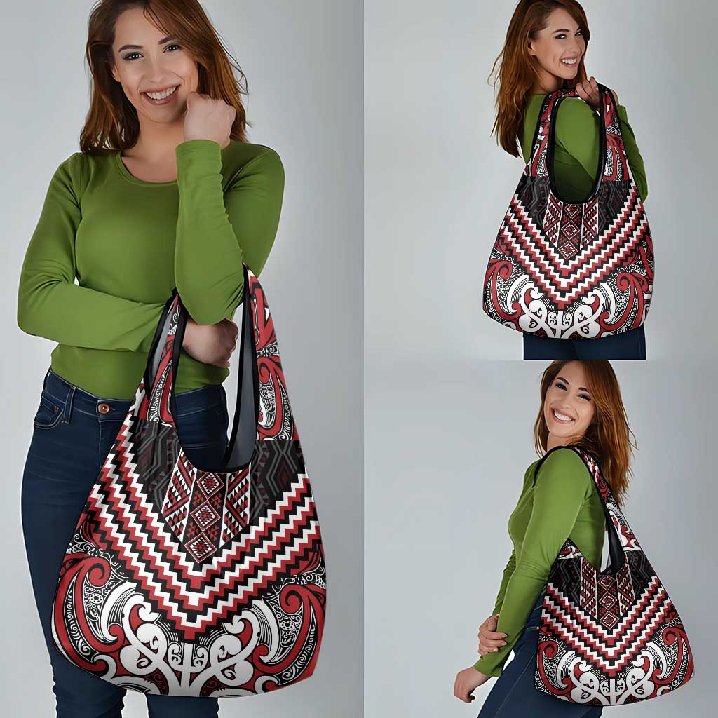 Maori Tukutuku Taniko Motifs Grocery Bag Red Poutama Mix Kowhaiwhai