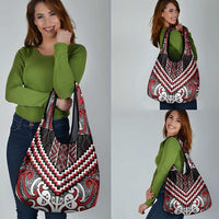 Maori Tukutuku Taniko Motifs Grocery Bag Red Poutama Mix Kowhaiwhai