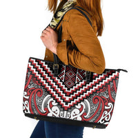 Maori Tukutuku Taniko Motifs Leather Tote Bag Red Poutama Mix Kowhaiwhai