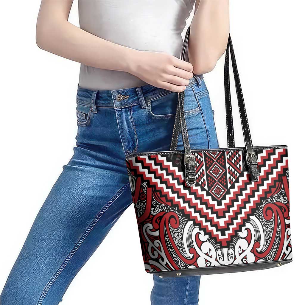 Maori Tukutuku Taniko Motifs Leather Tote Bag Red Poutama Mix Kowhaiwhai