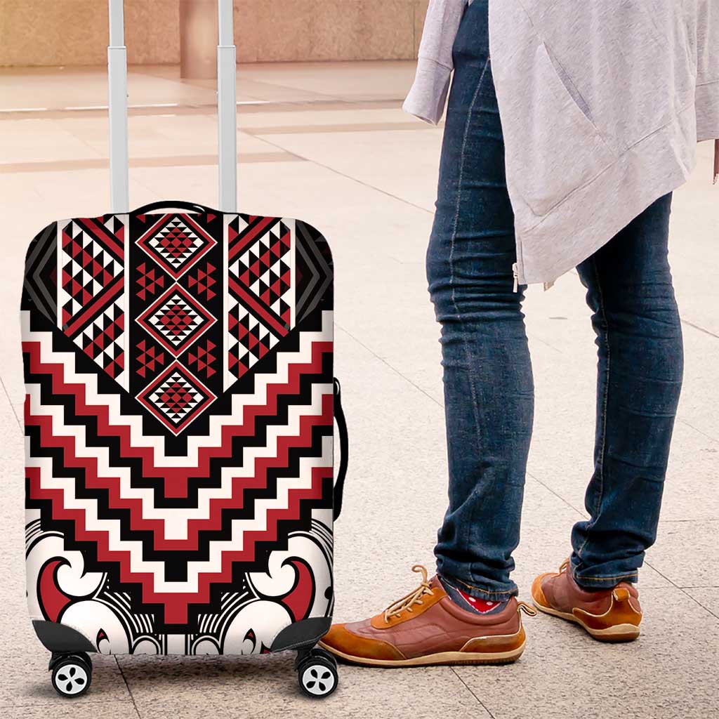 Maori Tukutuku Taniko Motifs Luggage Cover Red Poutama Mix Kowhaiwhai