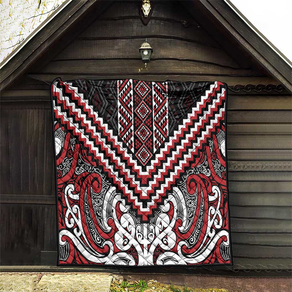 Maori Tukutuku Taniko Motifs Quilt Red Poutama Mix Kowhaiwhai