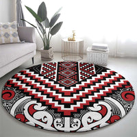 Maori Tukutuku Taniko Motifs Round Carpet Red Poutama Mix Kowhaiwhai