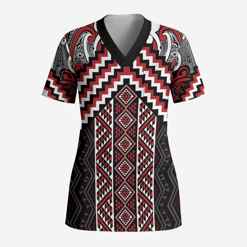 Maori Tukutuku Taniko Motifs Scrub Top Red Poutama Mix Kowhaiwhai LT7 Adult Red - Polynesian Pride