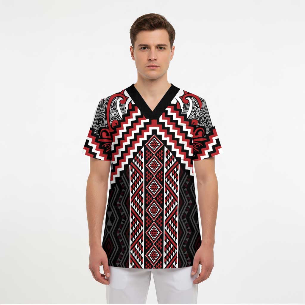 Maori Tukutuku Taniko Motifs Scrub Top Red Poutama Mix Kowhaiwhai LT7 - Polynesian Pride