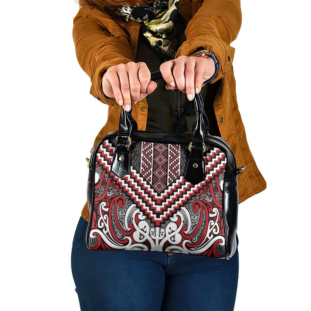Maori Tukutuku Taniko Motifs Shoulder Handbag Red Poutama Mix Kowhaiwhai