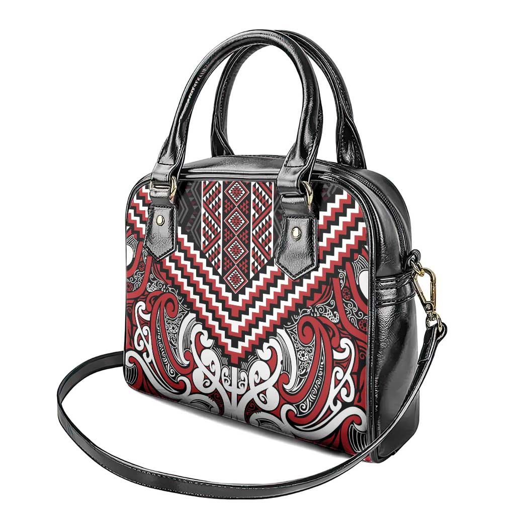 Maori Tukutuku Taniko Motifs Shoulder Handbag Red Poutama Mix Kowhaiwhai