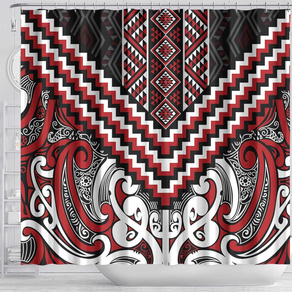 Maori Tukutuku Taniko Motifs Shower Curtain Red Poutama Mix Kowhaiwhai