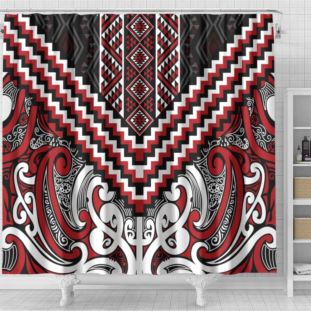 Maori Tukutuku Taniko Motifs Shower Curtain Red Poutama Mix Kowhaiwhai