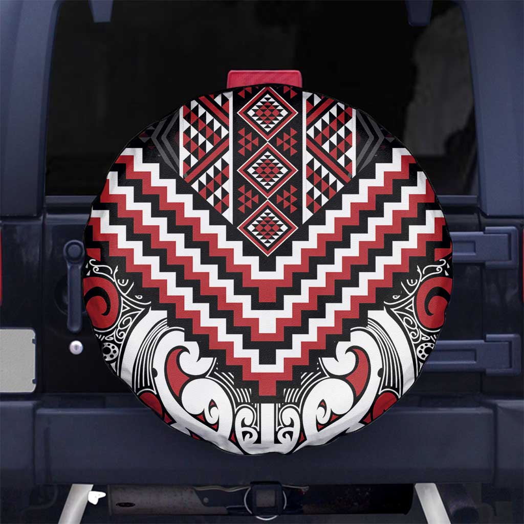 Maori Tukutuku Taniko Motifs Spare Tire Cover Red Poutama Mix Kowhaiwhai