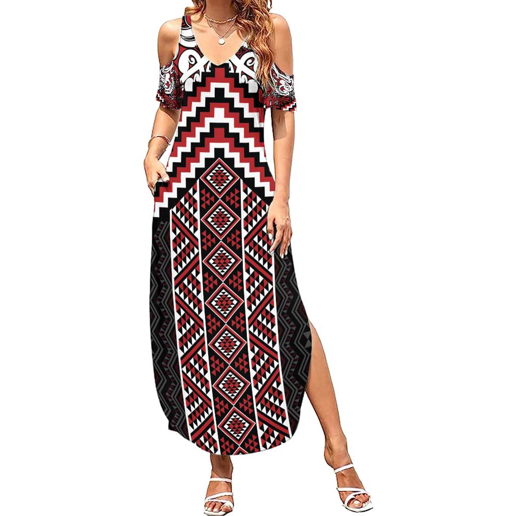 Maori Tukutuku Taniko Motifs Summer Maxi Dress Red Poutama Mix Kowhaiwhai LT7 Women Red - Polynesian Pride