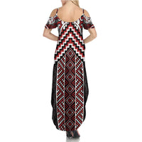 Maori Tukutuku Taniko Motifs Summer Maxi Dress Red Poutama Mix Kowhaiwhai LT7 - Polynesian Pride
