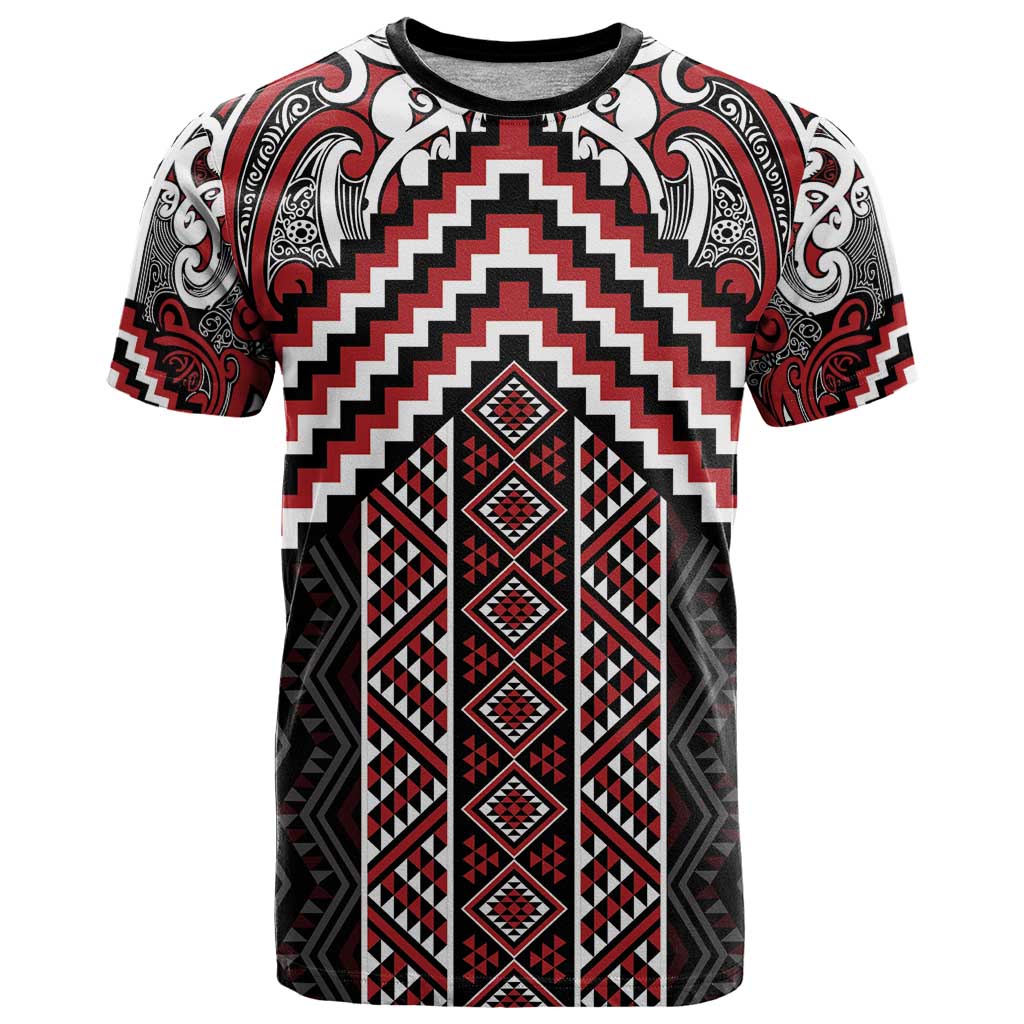 Maori Tukutuku Taniko Motifs T Shirt Red Poutama Mix Kowhaiwhai