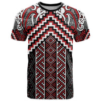 Maori Tukutuku Taniko Motifs T Shirt Red Poutama Mix Kowhaiwhai