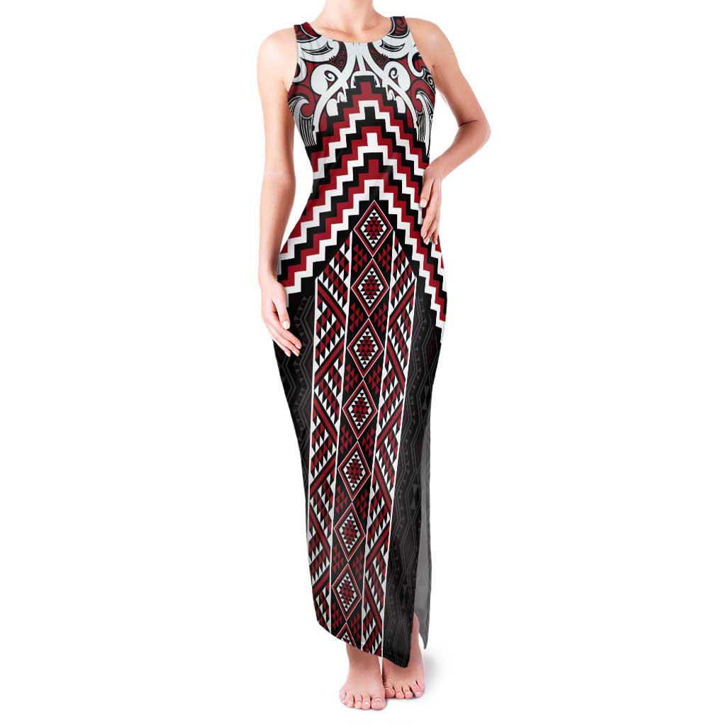 Maori Tukutuku Taniko Motifs Tank Maxi Dress Red Poutama Mix Kowhaiwhai LT7 Women Red - Polynesian Pride