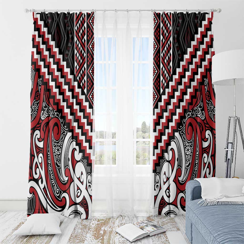 Maori Tukutuku Taniko Motifs Window Curtain Red Poutama Mix Kowhaiwhai