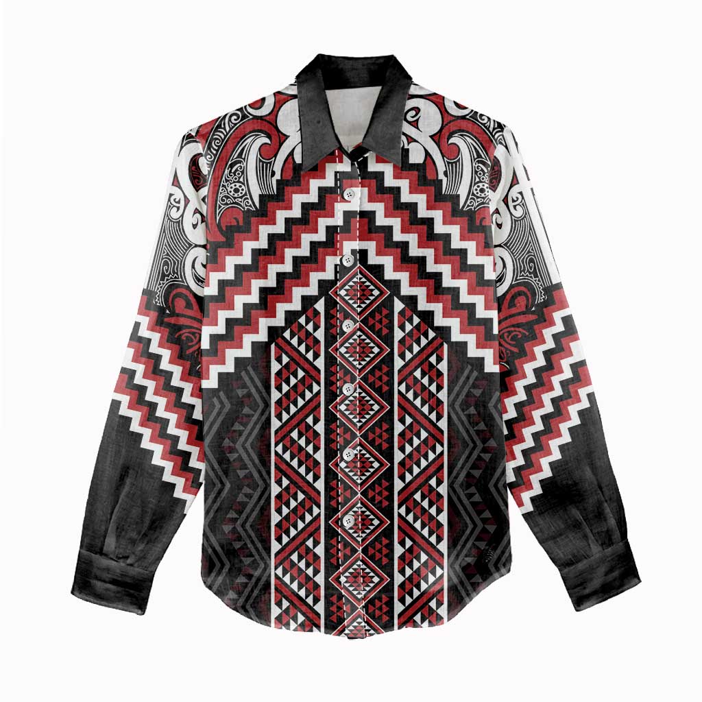 Maori Tukutuku Taniko Motifs Women Casual Shirt Red Poutama Mix Kowhaiwhai