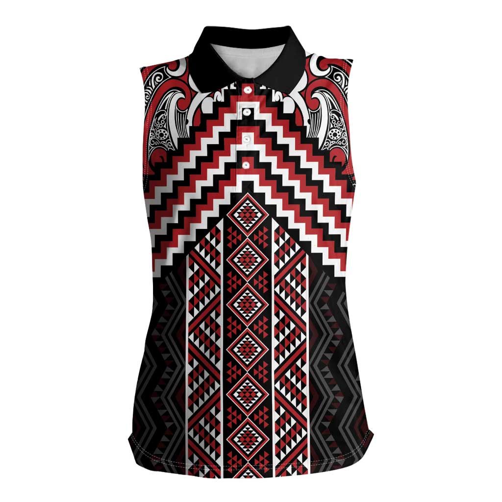 Maori Tukutuku Taniko Motifs Women Sleeveless Polo Shirt Red Poutama Mix Kowhaiwhai