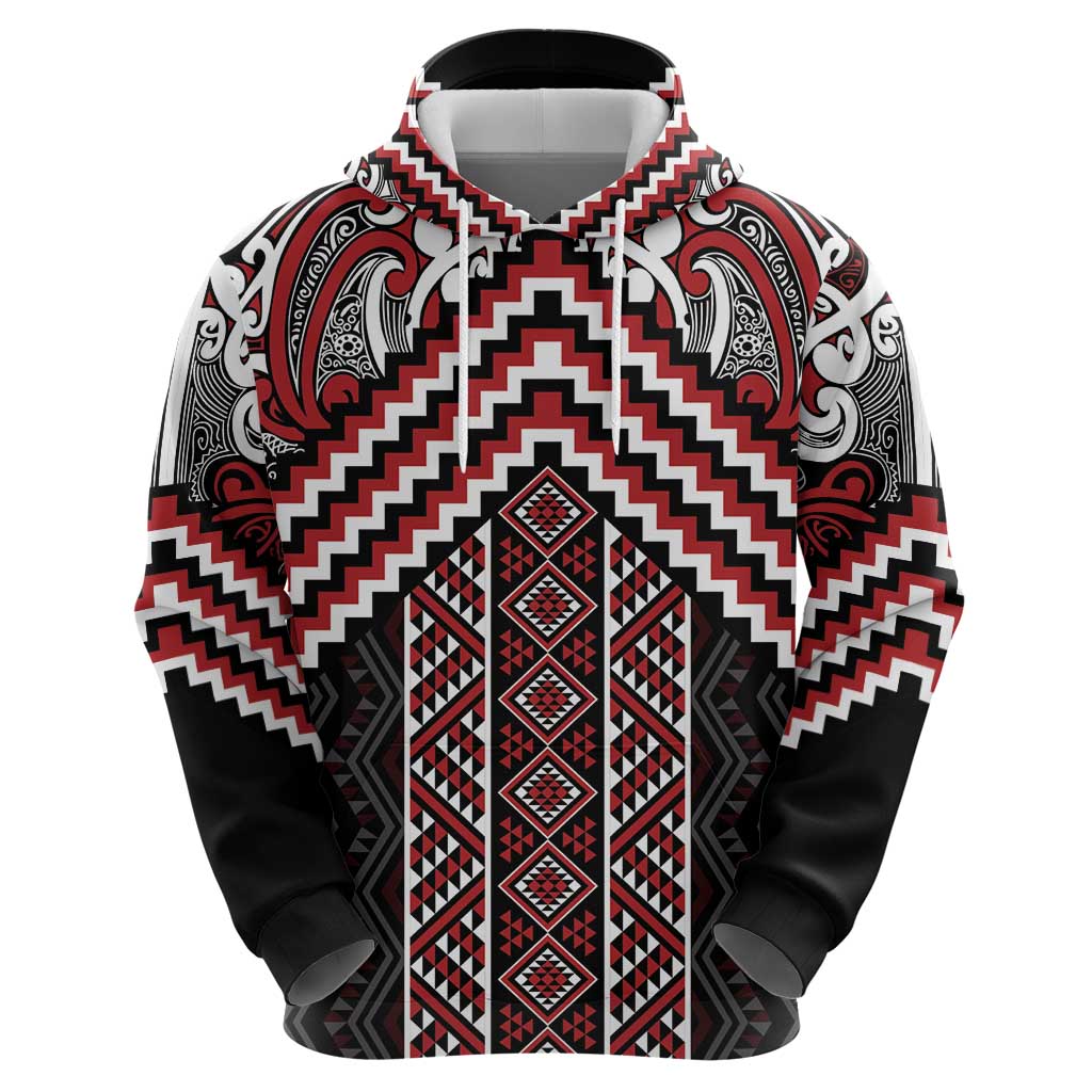 Maori Tukutuku Taniko Motifs Zip Hoodie Red Poutama Mix Kowhaiwhai