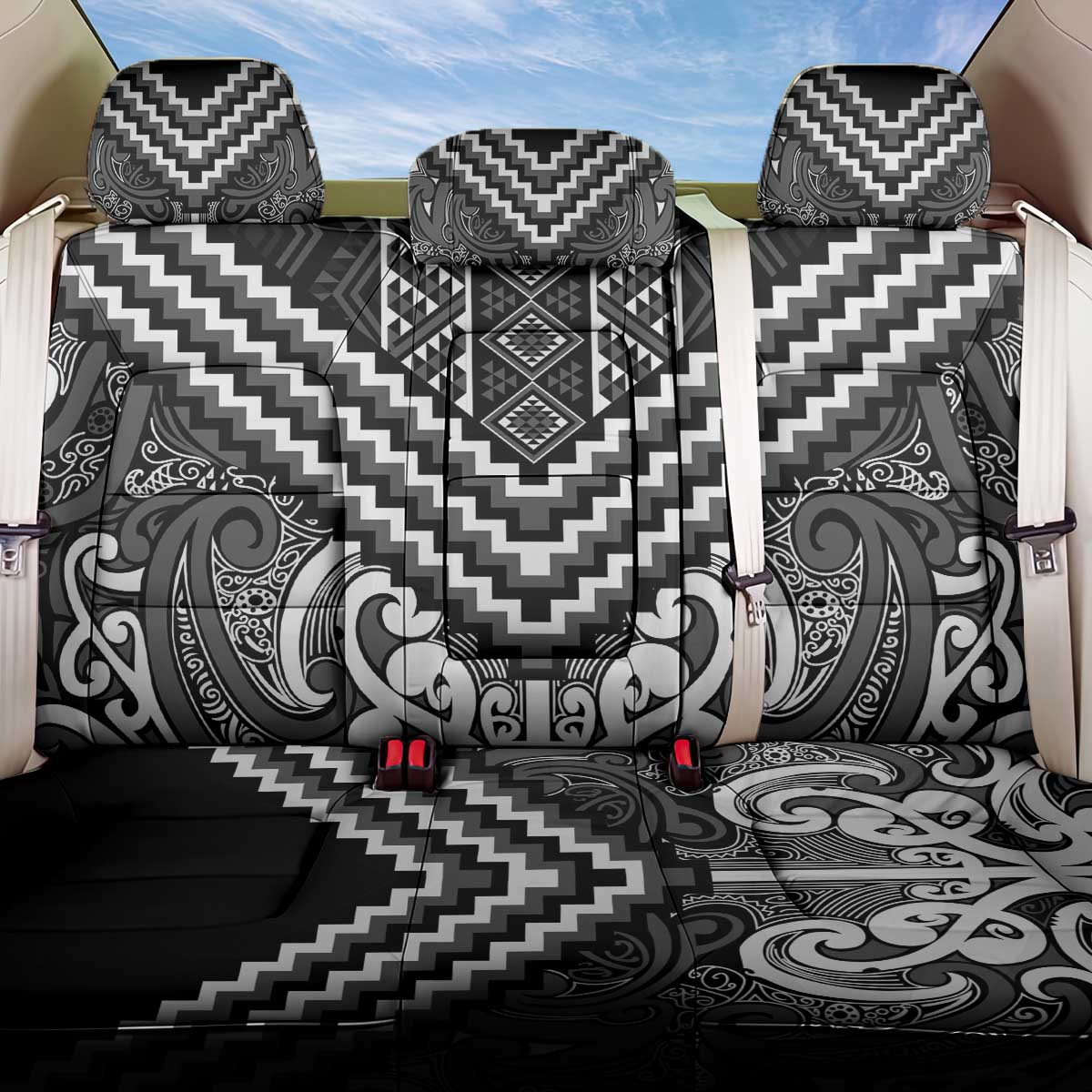 Maori Tukutuku Taniko Motifs Back Car Seat Cover Black Poutama Mix Kowhaiwhai