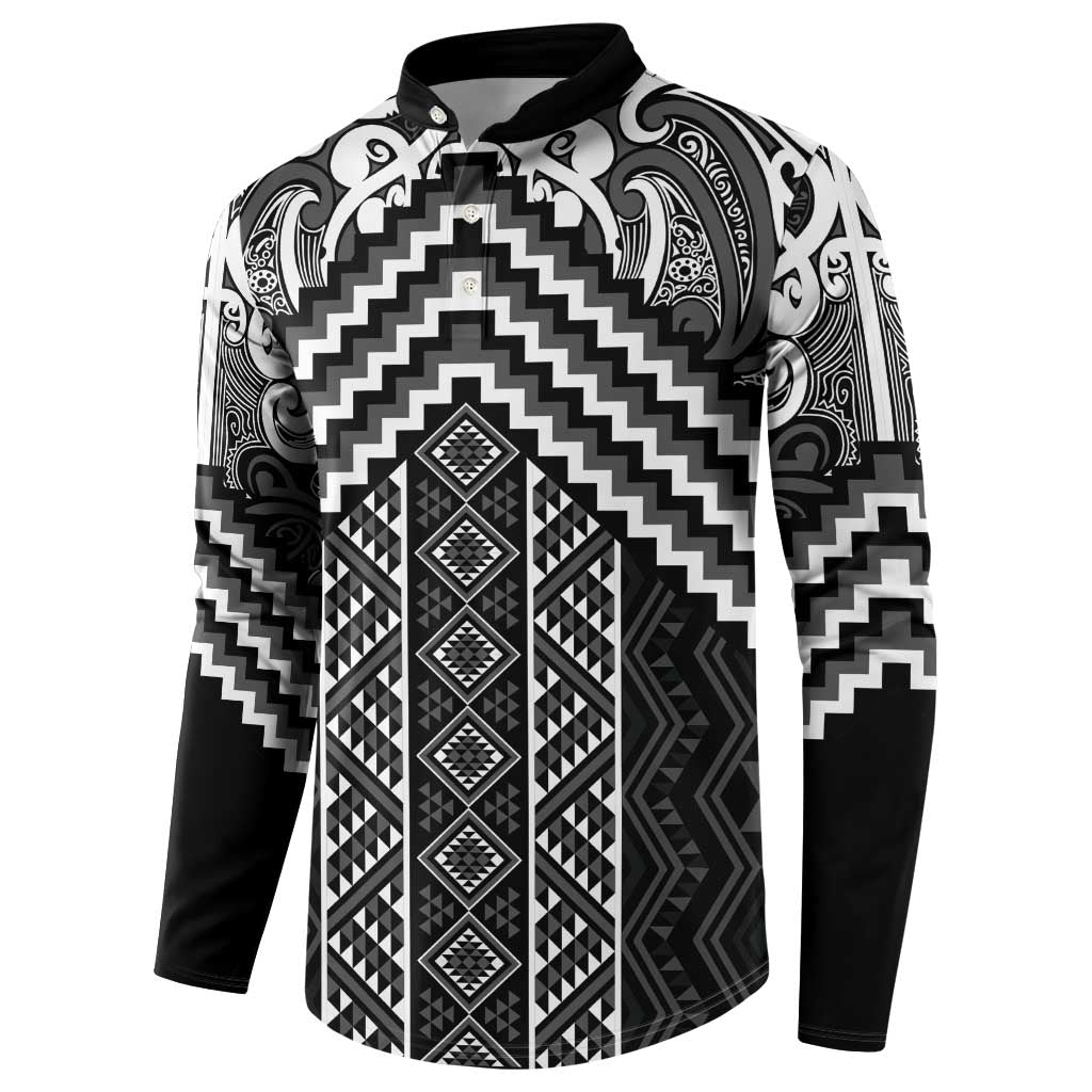 Maori Tukutuku Taniko Motifs Button Sweatshirt Black Poutama Mix Kowhaiwhai LT7 - Polynesian Pride