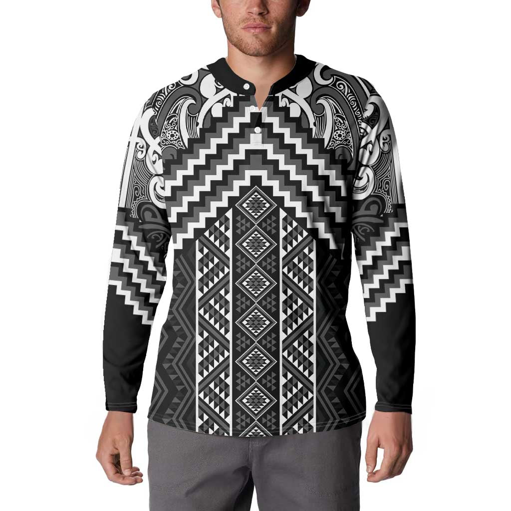 Maori Tukutuku Taniko Motifs Button Sweatshirt Black Poutama Mix Kowhaiwhai LT7 - Polynesian Pride