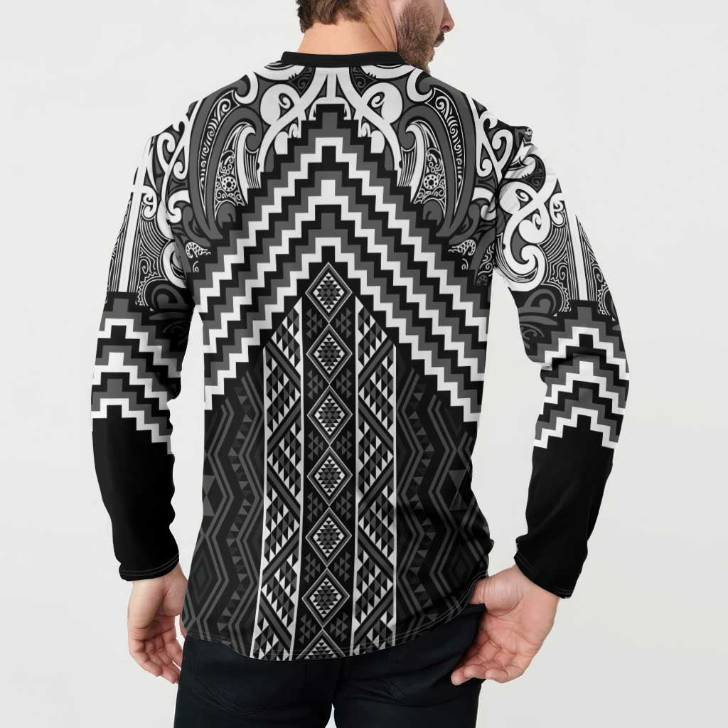 Maori Tukutuku Taniko Motifs Button Sweatshirt Black Poutama Mix Kowhaiwhai LT7 - Polynesian Pride
