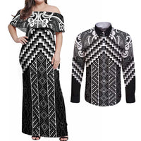Maori Tukutuku Taniko Motifs Couples Matching Off Shoulder Maxi Dress and Long Sleeve Button Shirt Black Poutama Mix Kowhaiwhai