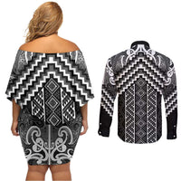 Maori Tukutuku Taniko Motifs Couples Matching Off Shoulder Short Dress and Long Sleeve Button Shirt Black Poutama Mix Kowhaiwhai