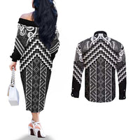 Maori Tukutuku Taniko Motifs Couples Matching Off The Shoulder Long Sleeve Dress and Long Sleeve Button Shirt Black Poutama Mix Kowhaiwhai