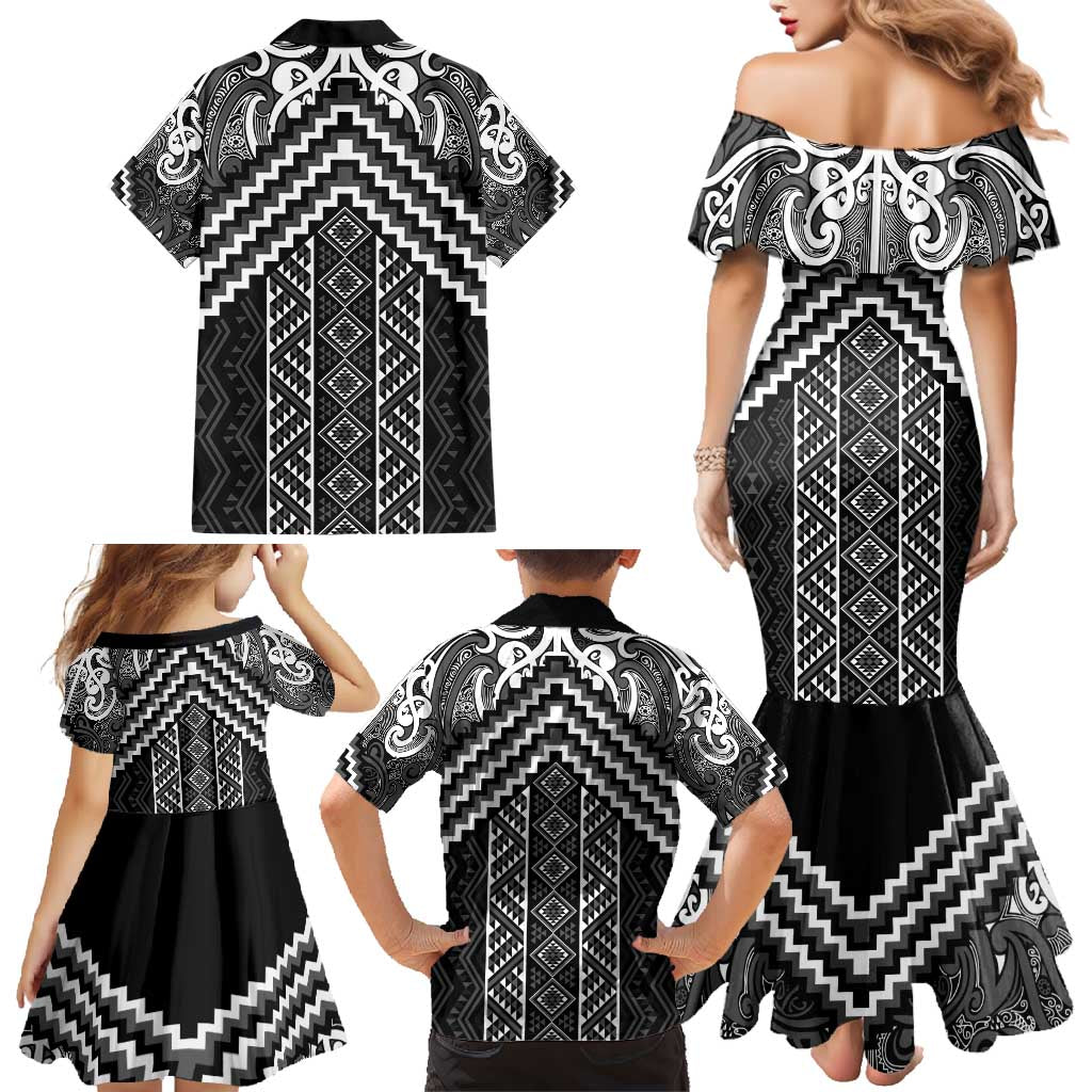 Maori Tukutuku Taniko Motifs Family Matching Mermaid Dress and Hawaiian Shirt Black Poutama Mix Kowhaiwhai