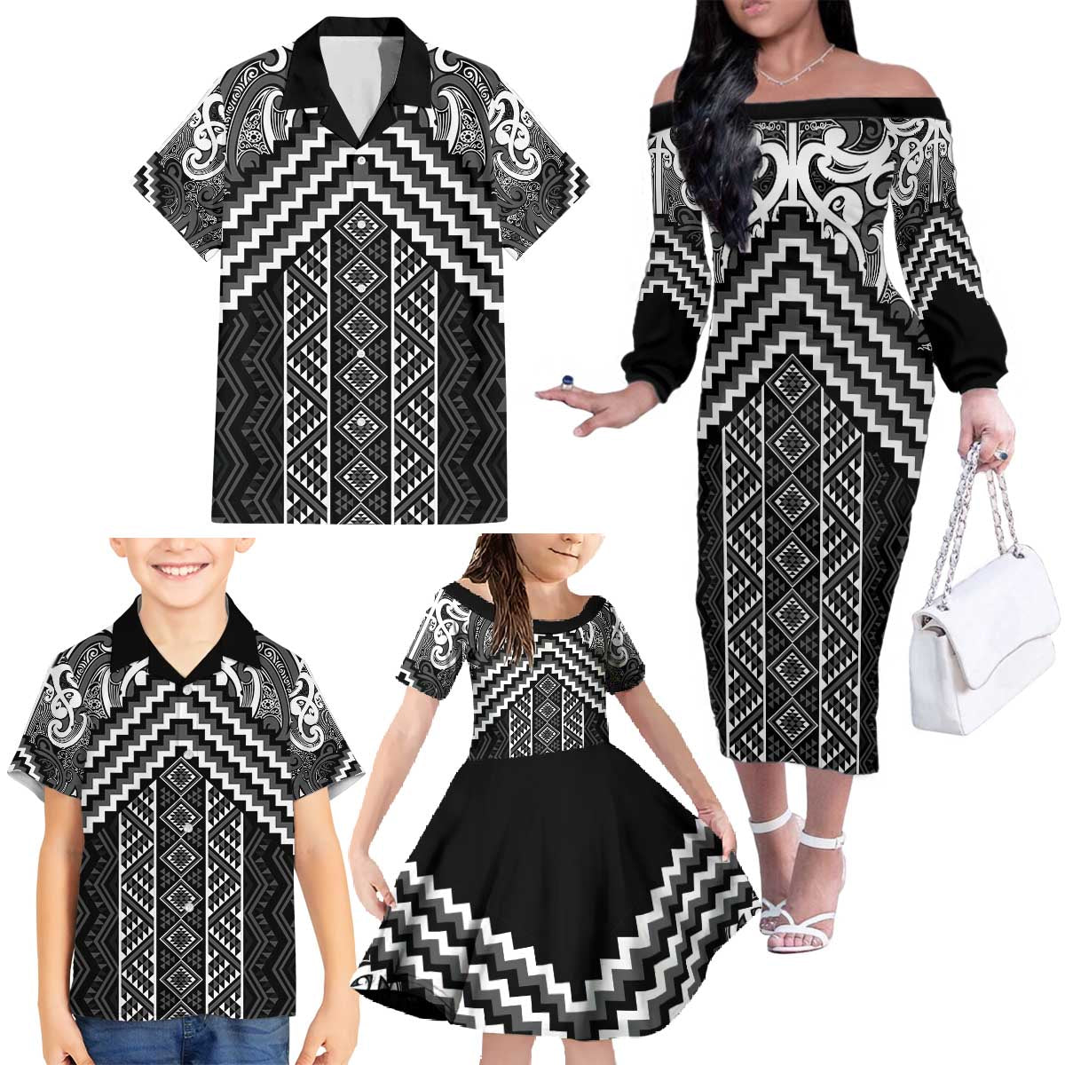 Maori Tukutuku Taniko Motifs Family Matching Off The Shoulder Long Sleeve Dress and Hawaiian Shirt Black Poutama Mix Kowhaiwhai