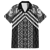 Maori Tukutuku Taniko Motifs Family Matching Off Shoulder Short Dress and Hawaiian Shirt Black Poutama Mix Kowhaiwhai