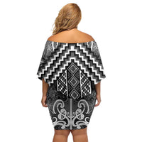 Maori Tukutuku Taniko Motifs Family Matching Off Shoulder Short Dress and Hawaiian Shirt Black Poutama Mix Kowhaiwhai