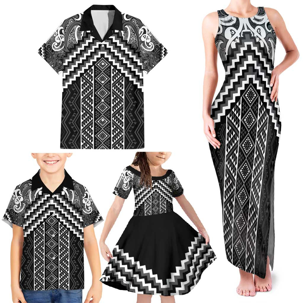 Maori Tukutuku Taniko Motifs Family Matching Tank Maxi Dress and Hawaiian Shirt Black Poutama Mix Kowhaiwhai