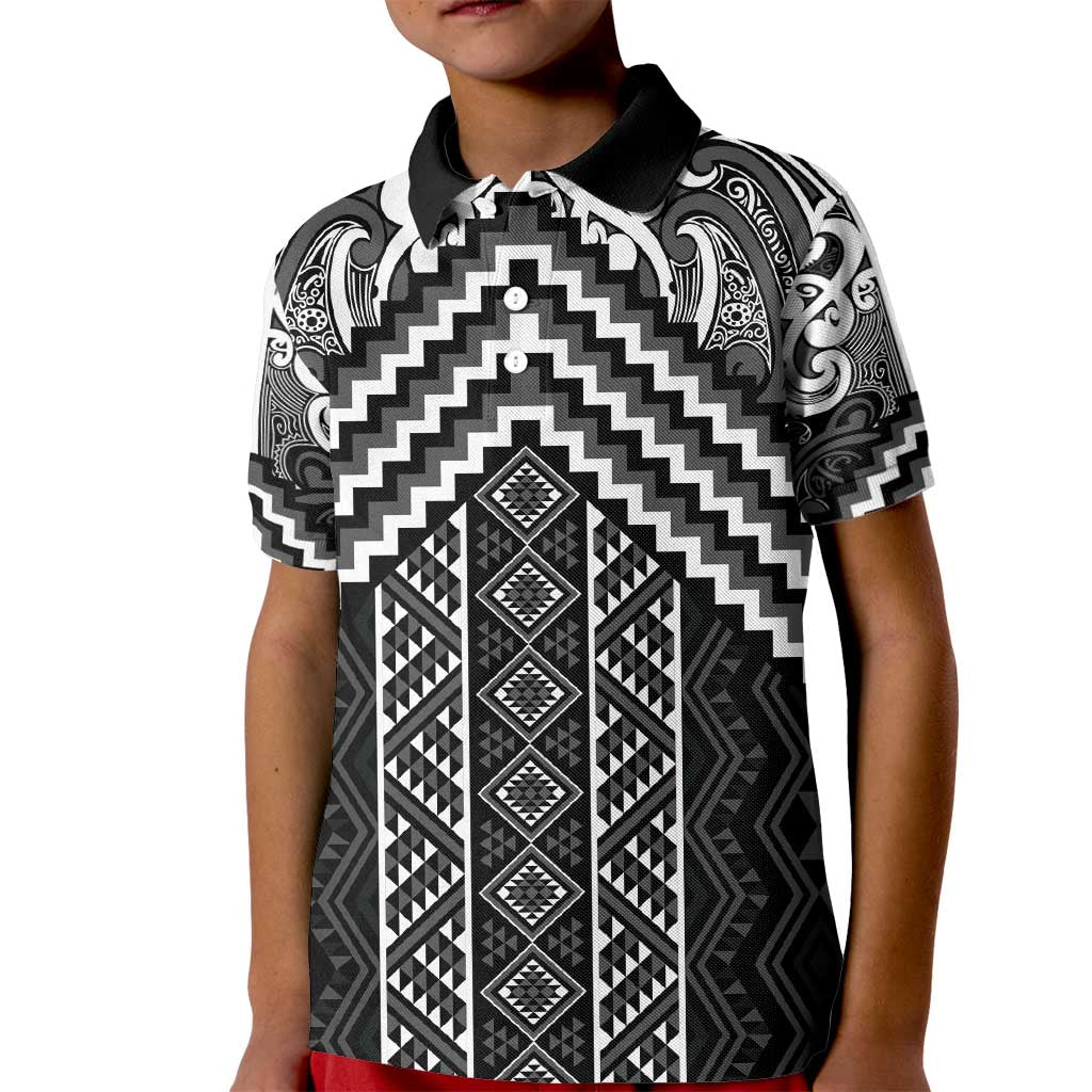 Maori Tukutuku Taniko Motifs Kid Polo Shirt Black Poutama Mix Kowhaiwhai