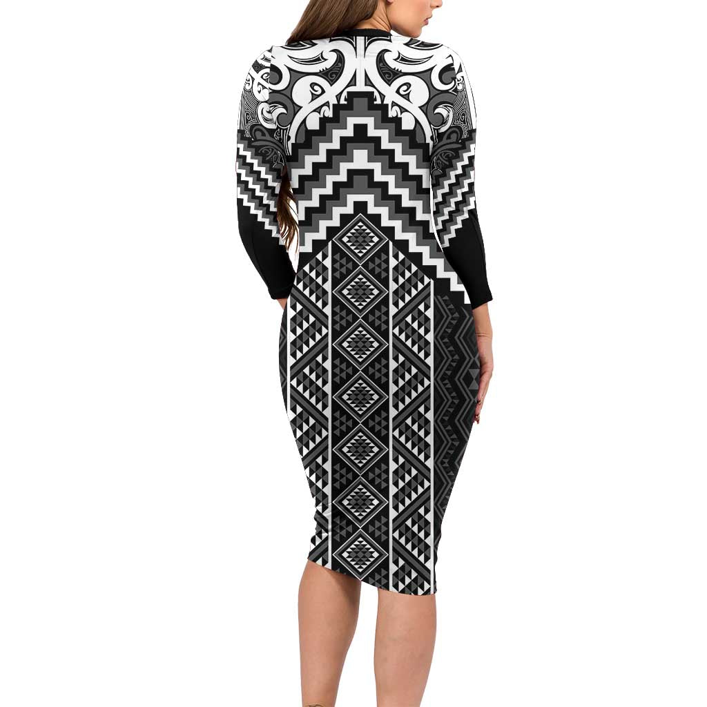 Maori Tukutuku Taniko Motifs Long Sleeve Bodycon Dress Black Poutama Mix Kowhaiwhai