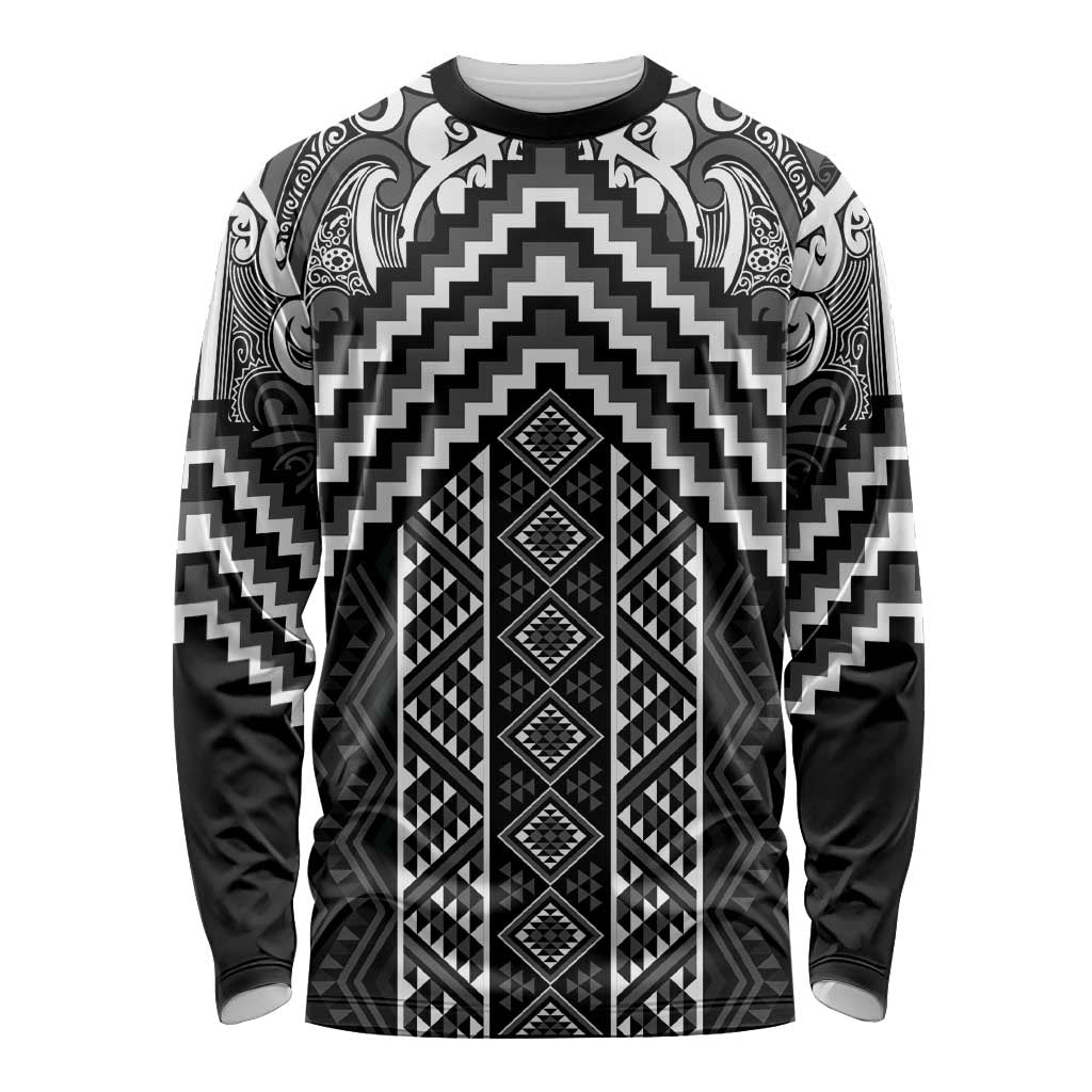 Maori Tukutuku Taniko Motifs Long Sleeve Shirt Black Poutama Mix Kowhaiwhai LT7 Unisex Black - Polynesian Pride