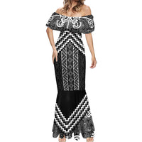Maori Tukutuku Taniko Motifs Mermaid Dress Black Poutama Mix Kowhaiwhai